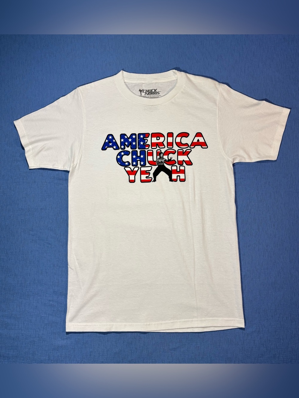 Chuck Norris America Chuck Yeah USA Flag White Size Small Graphic Tee